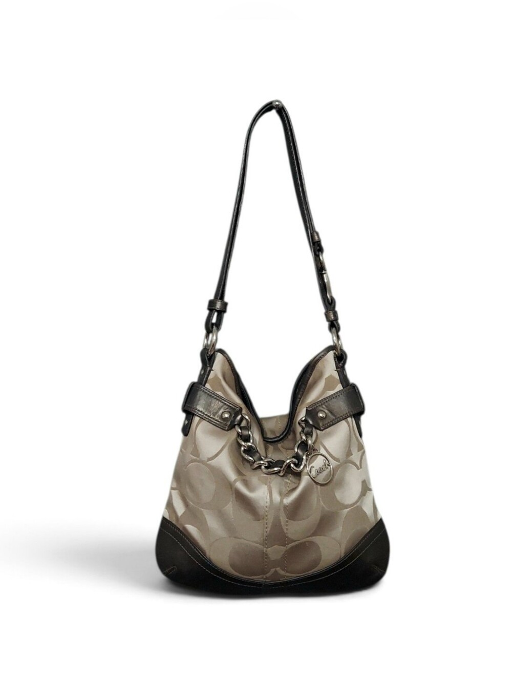 Coach Signature Chain Convertable Jacquard & Leather Shoulder Bag W/ Chrome HW